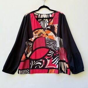 Chico's Womens 3 XL Artsy Patchwork Print V-Neck Long Sleeve‎ Sheer Top Blouse